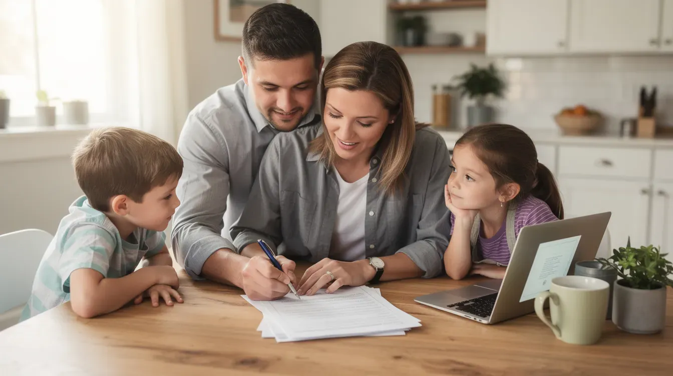 Illustration of a household reviewing insurance paperwork
