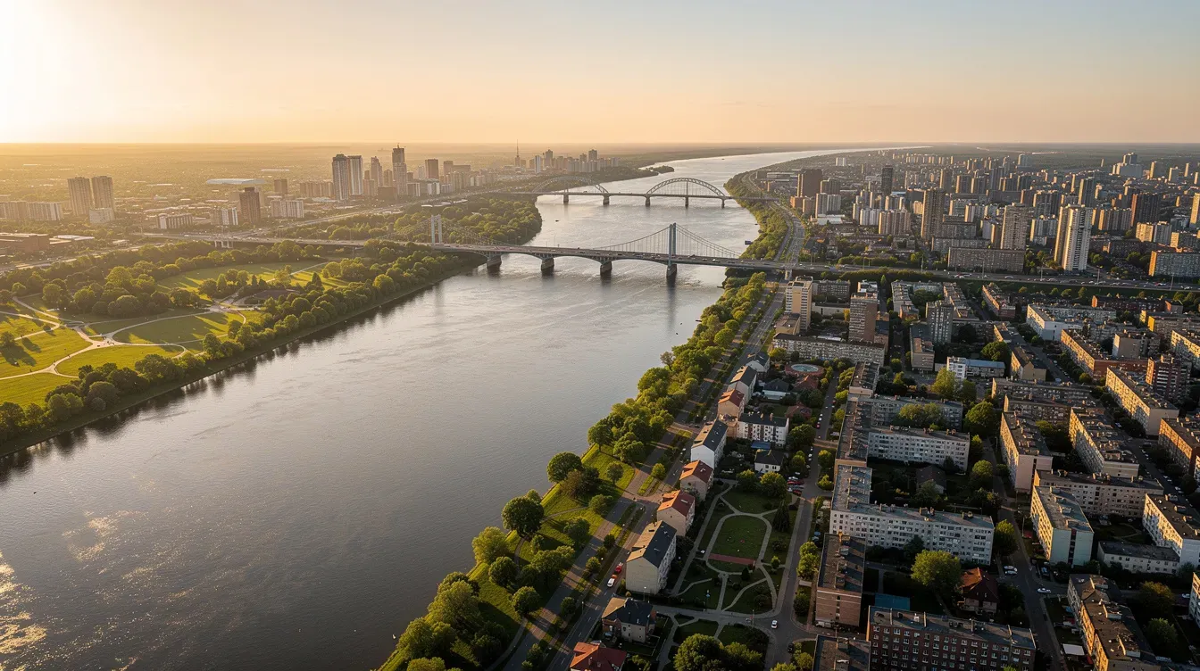 Illustration of bridges across a river between two cities