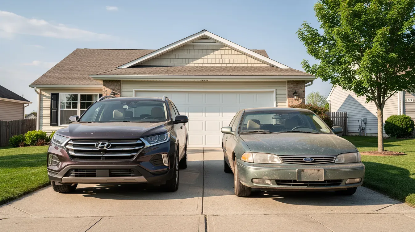Illustration of an SUV and older sedan in a driveway