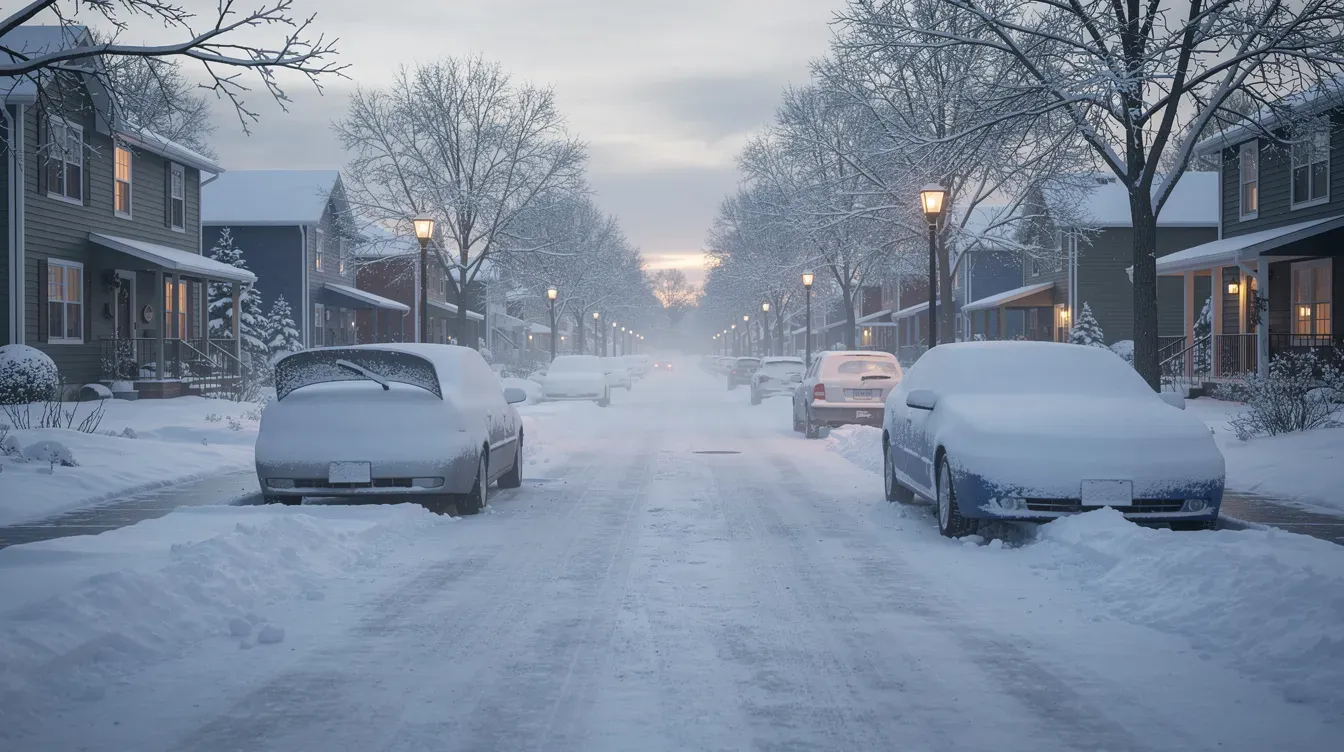 Illustration of parked cars on a snowy residential street