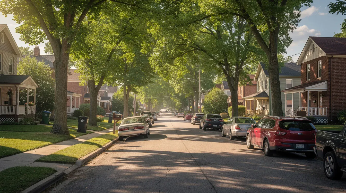 Illustration of cars on a tree-lined street