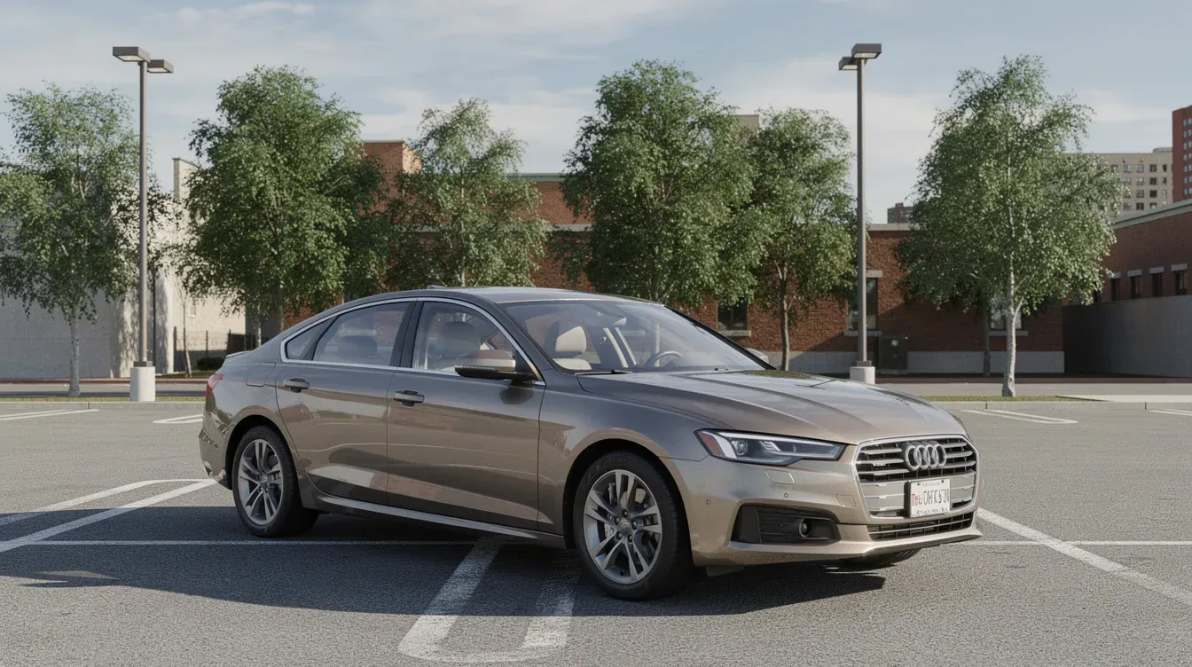 Illustration of a sedan parked in a small-city parking lot.
