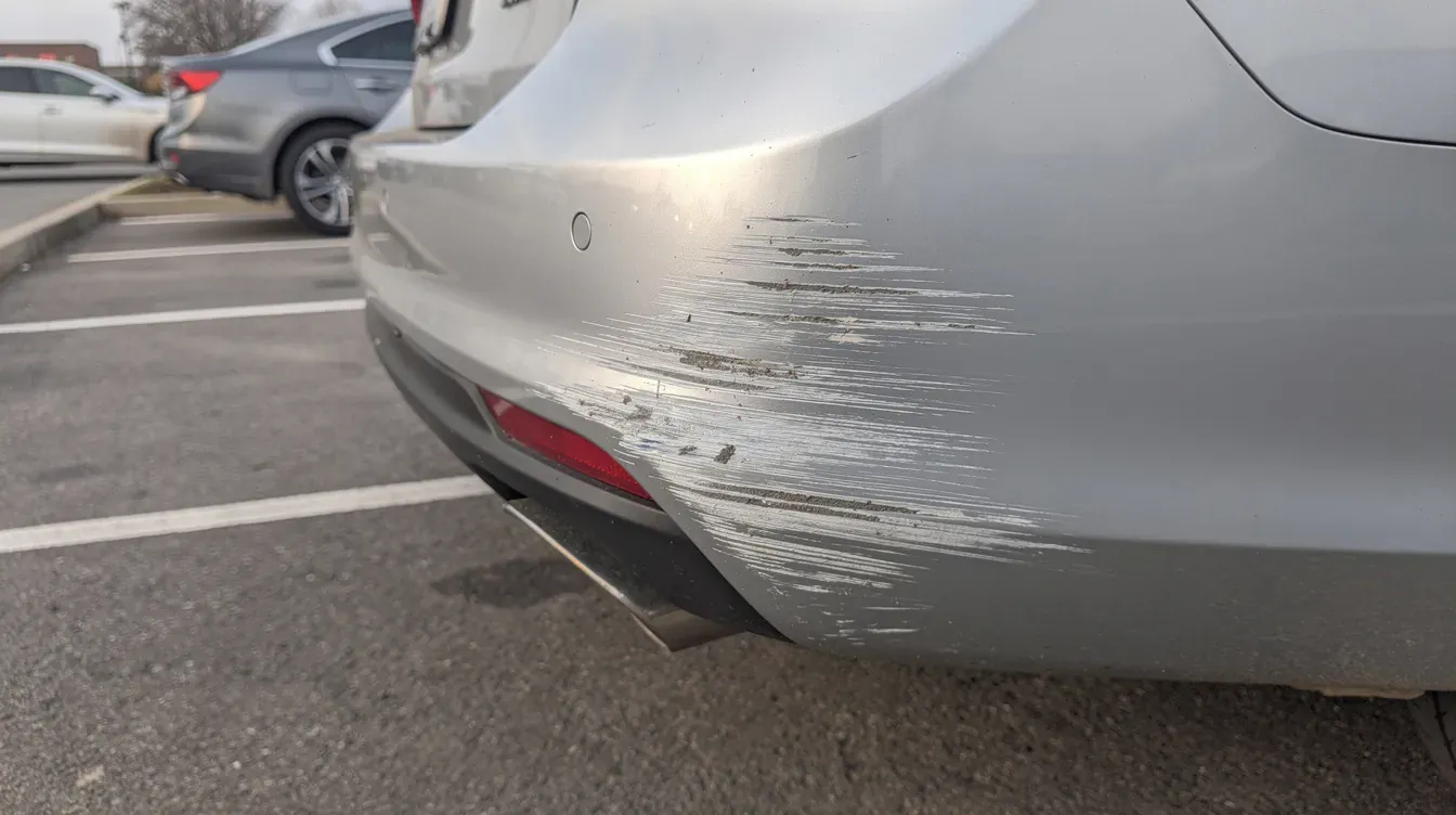 Illustration of scrape damage on a parked car rear bumper.