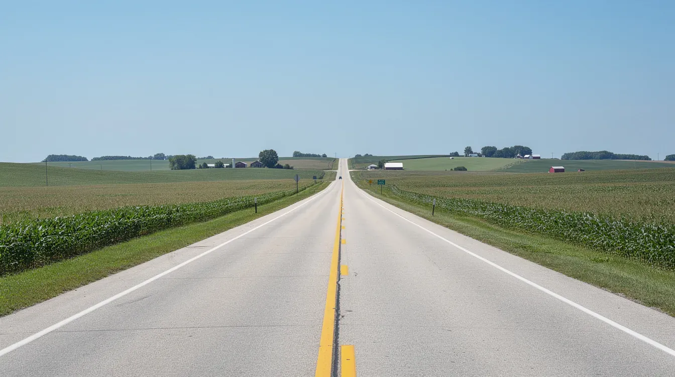 Illustration of a highway beside farmland.
