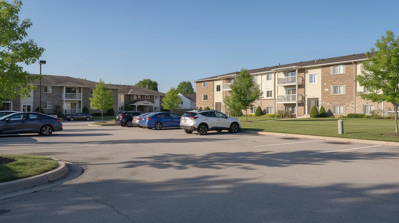 Illustration of parked cars at an apartment complex.