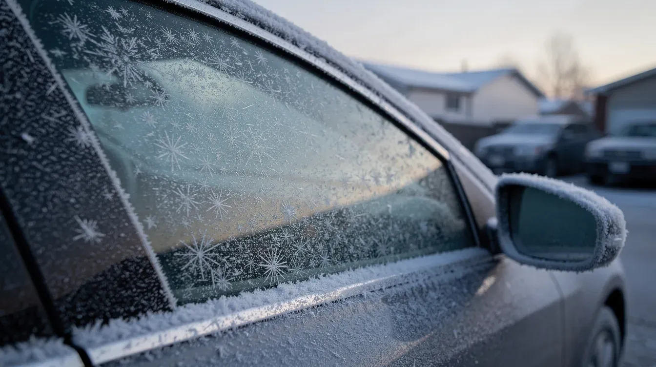 Illustration of morning frost on a car window.