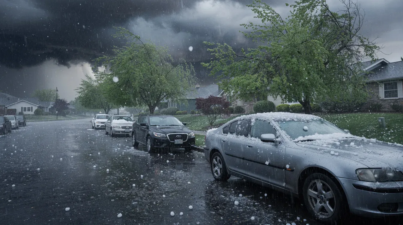 Illustration of hail falling on parked cars