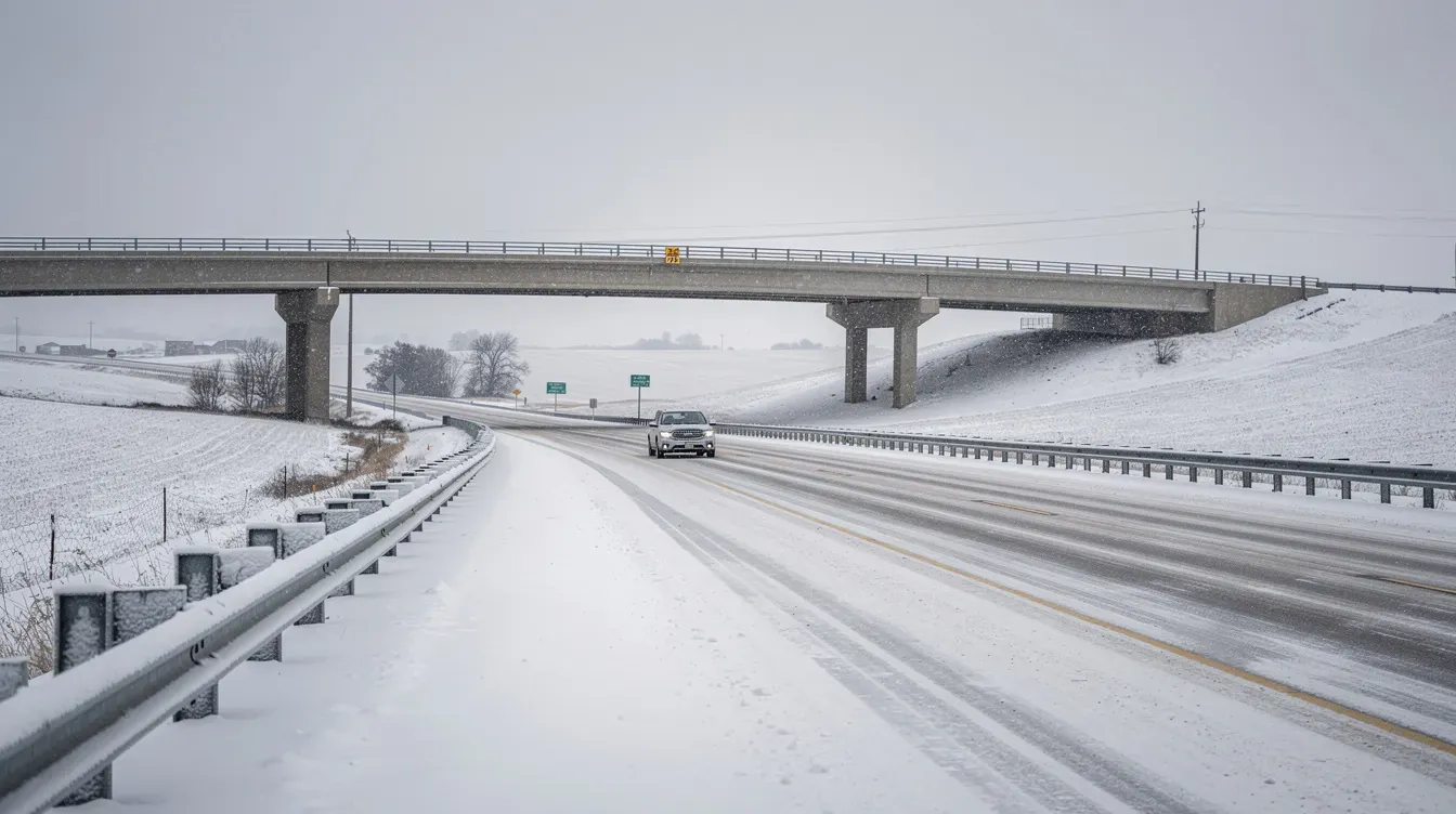 Illustration of winter driving near a bridge