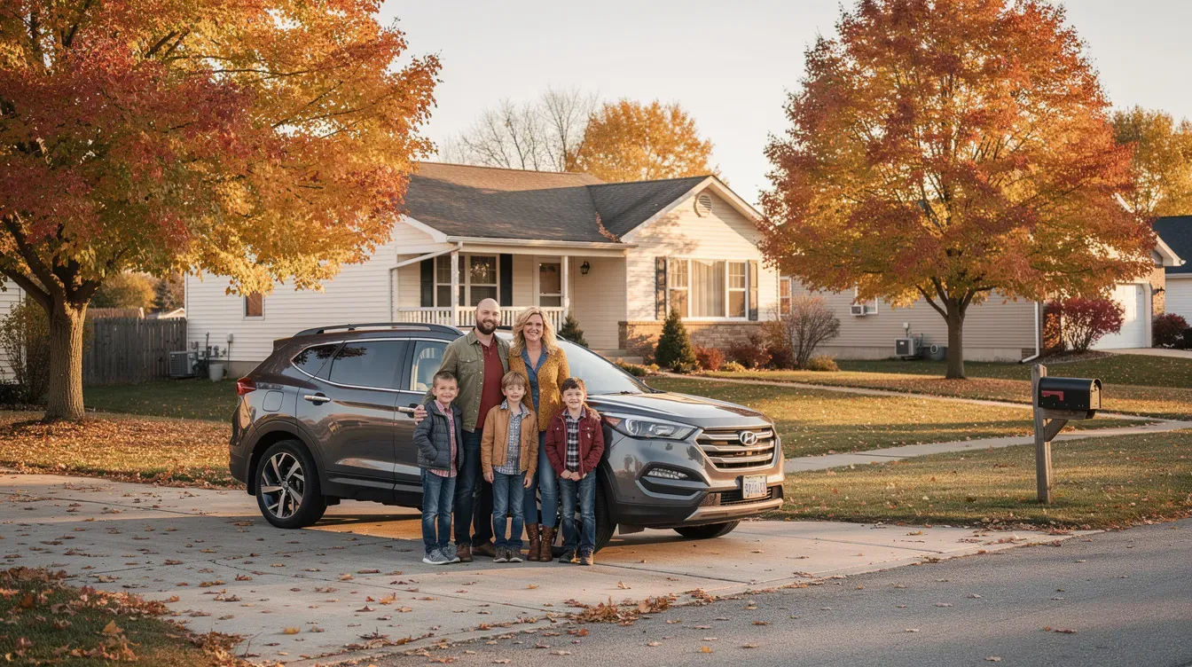 Illustration of a family beside a parked car