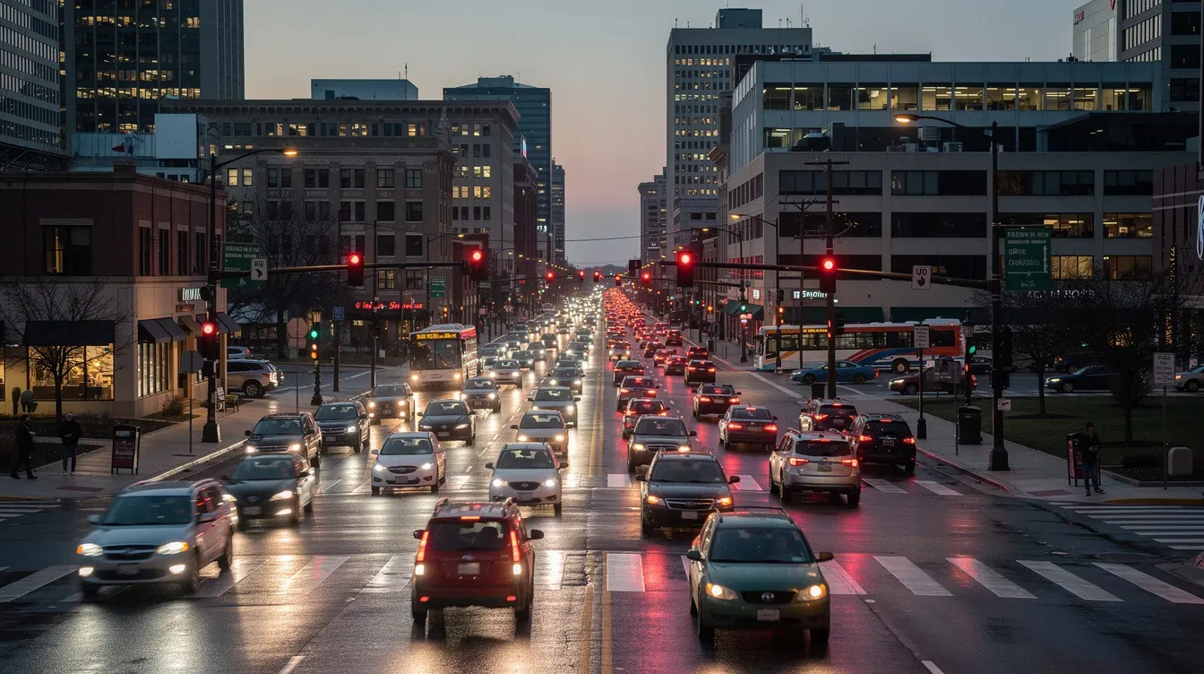Illustration of city traffic at dusk