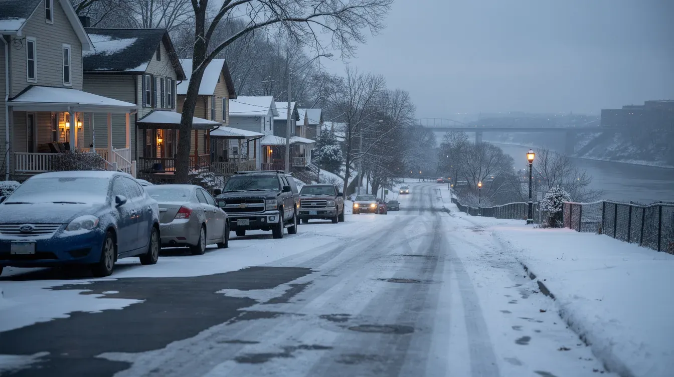 Illustration of parked cars on a snowy hillside street