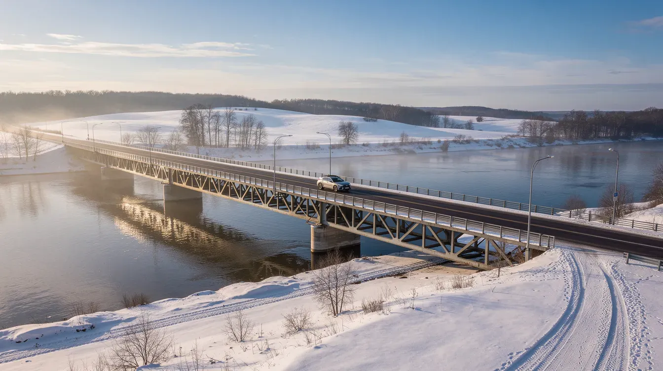 Illustration of a car crossing a river bridge in winter