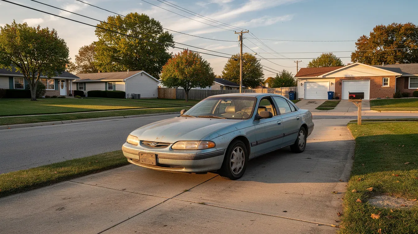 Illustration of an older sedan parked in a residential driveway.