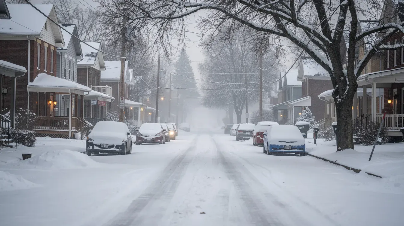 Illustration of a snow-covered residential street with parked cars.