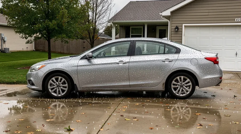 Illustration of a hail-damaged car in a driveway