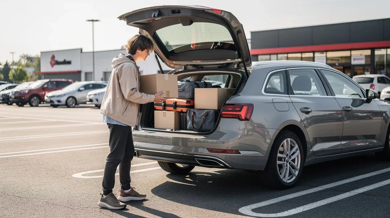 Illustration of a student loading a car for a move