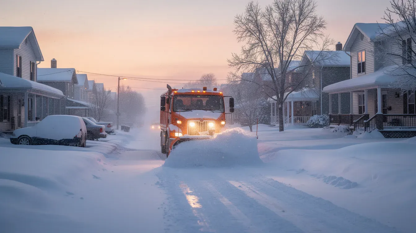Illustration of a snowplow clearing a residential street