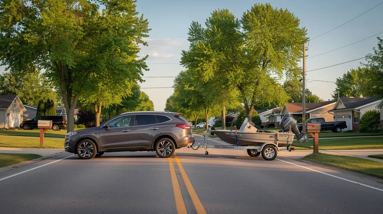 Illustration of an SUV towing a boat trailer on a suburban road.