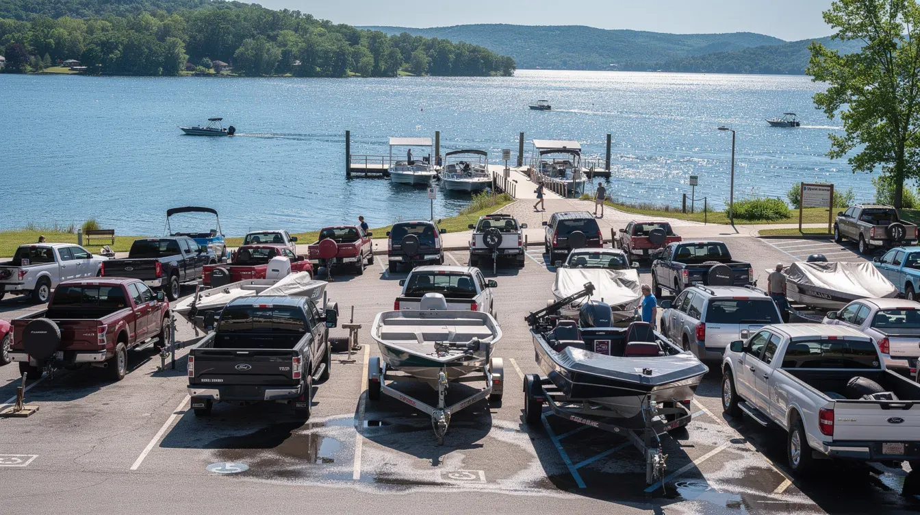 Illustration of vehicles and boat trailers near a boat ramp.