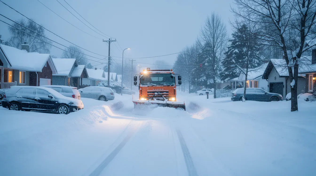Illustration of a snowplow clearing a residential street.