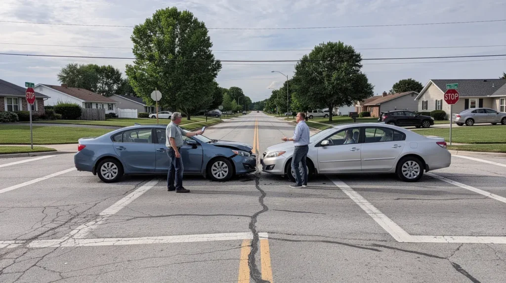 Illustration of two cars after a minor intersection collision