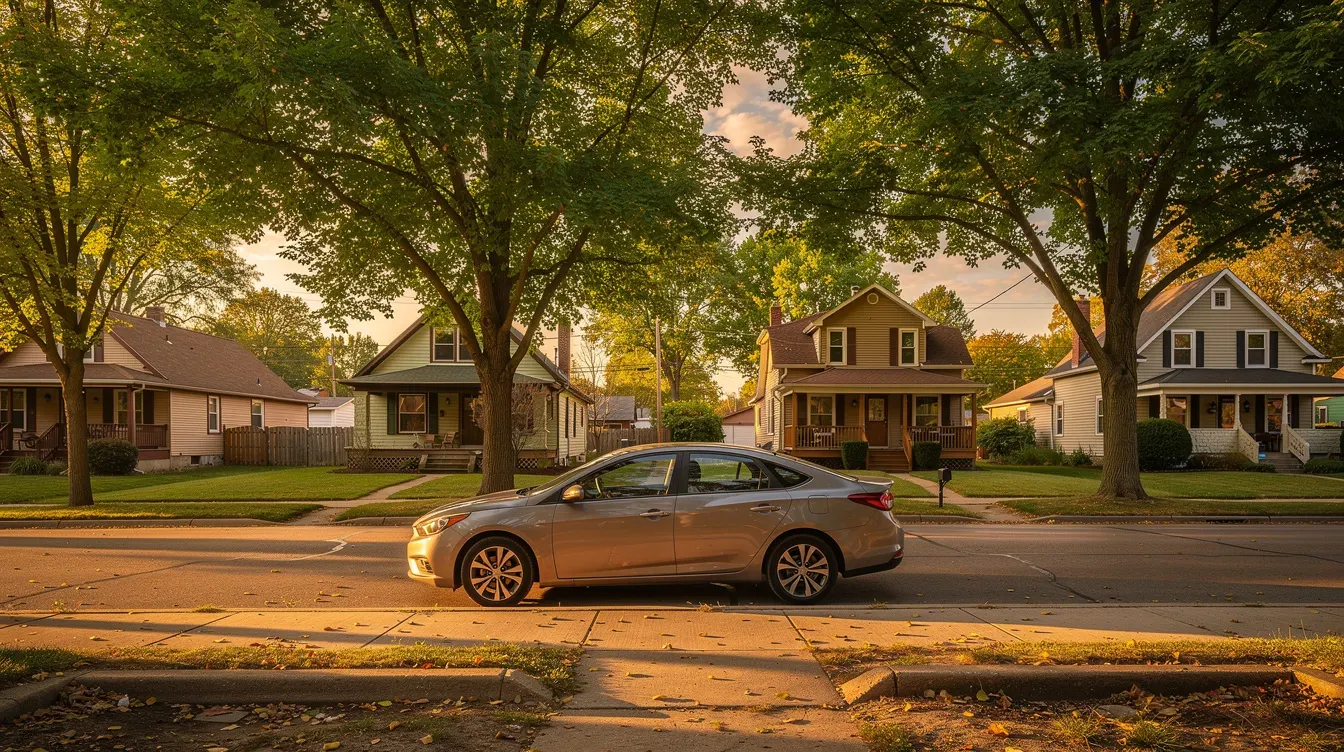 Illustration of a car parked on a tree-lined street