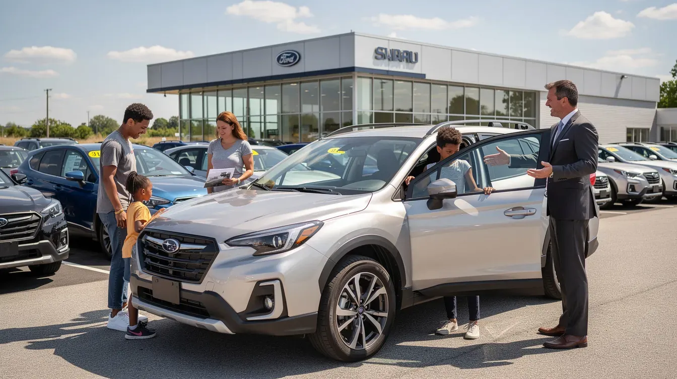 Illustration of a family comparing vehicles at a dealership