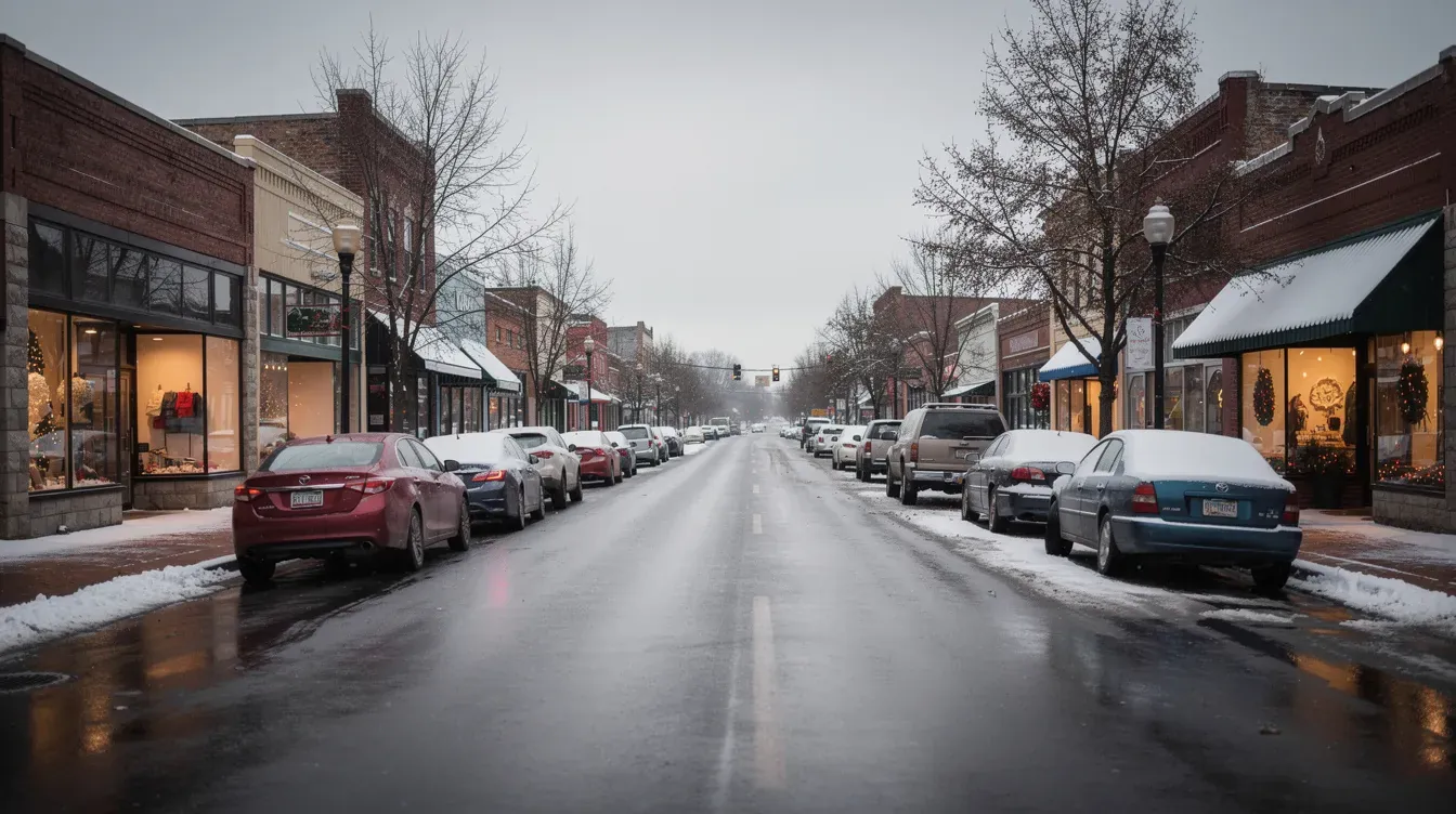 Illustration of a snowy downtown street