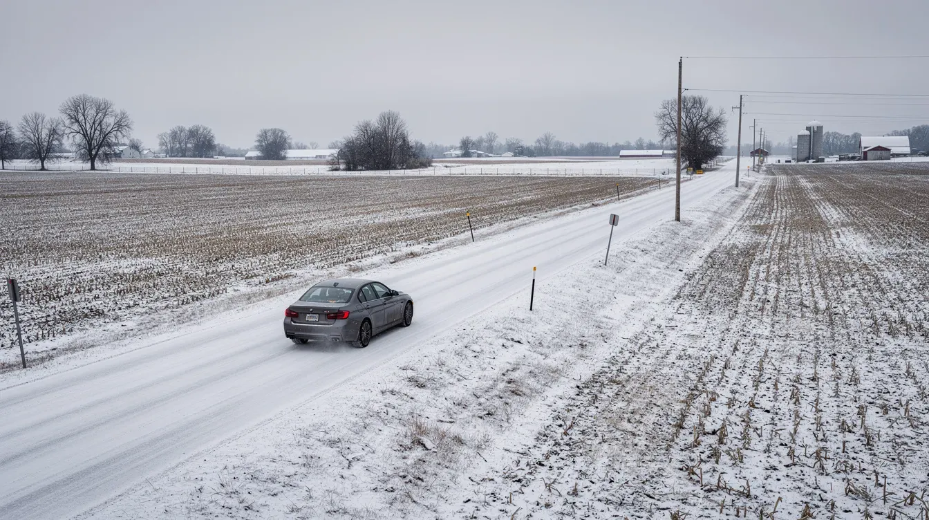 Illustration of a car on a snow-covered rural road