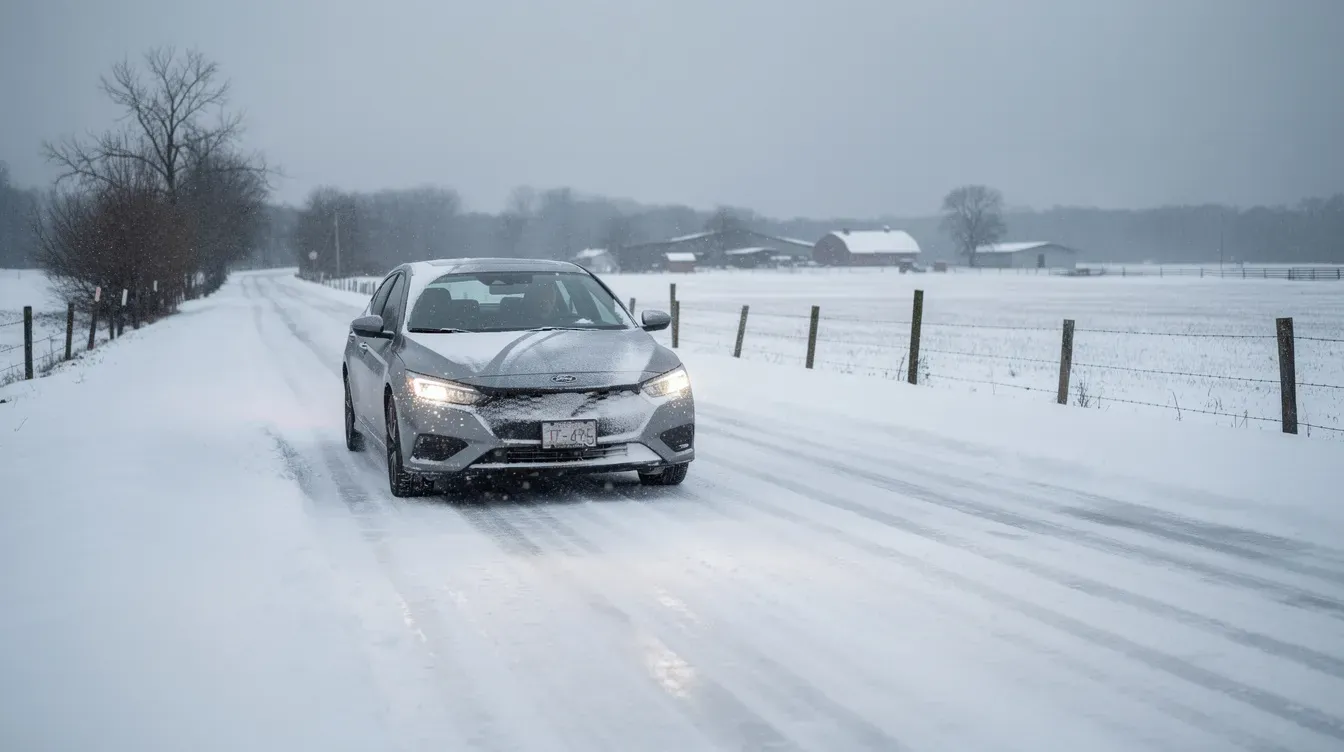 Illustration of a car on a snowy rural highway