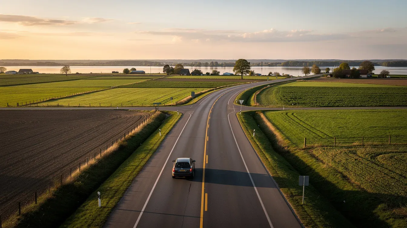 A car is driving along a serene two-lane highway, with a river flowing in the background and expansive farmland stretching out on both sides. This picturesque scene captures the tranquility of rural Iowa, where factors like insurance coverage and savings can vary based on the area, such as Muscatine, IA.