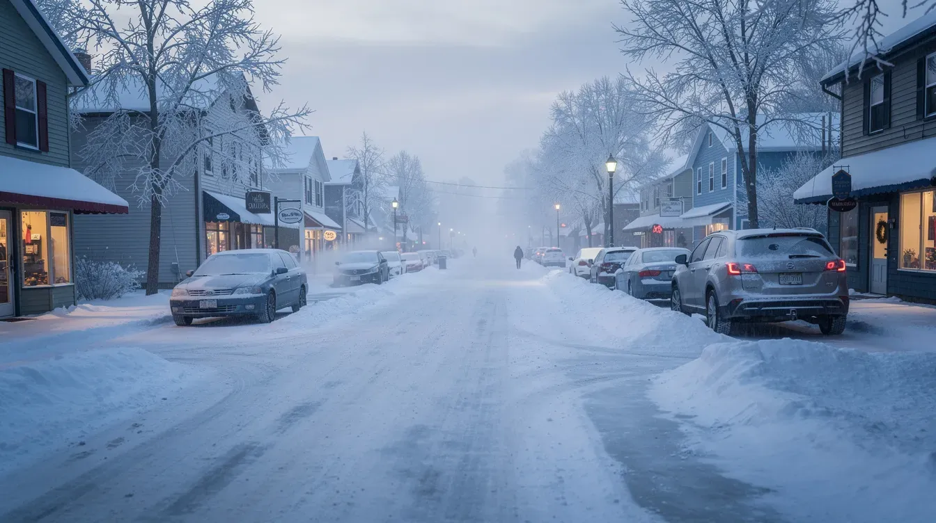 A picturesque small town street in Muscatine, Iowa, is blanketed in fresh snow, with parked cars lining the sides and neatly plowed sidewalks inviting morning strolls. The serene winter scene highlights the charm of the town, where residents might consider their options for car insurance coverage to save on costs and ensure peace of mind during the snowy season.