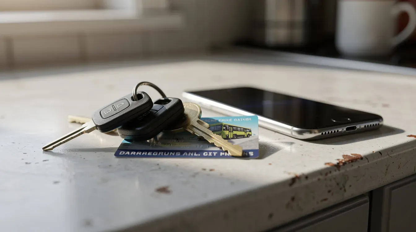 A set of car keys is placed on a kitchen counter beside a bus pass and a smartphone, suggesting a blend of personal transportation options. This image evokes the need for car insurance, especially for those who frequently borrow or rent vehicles.