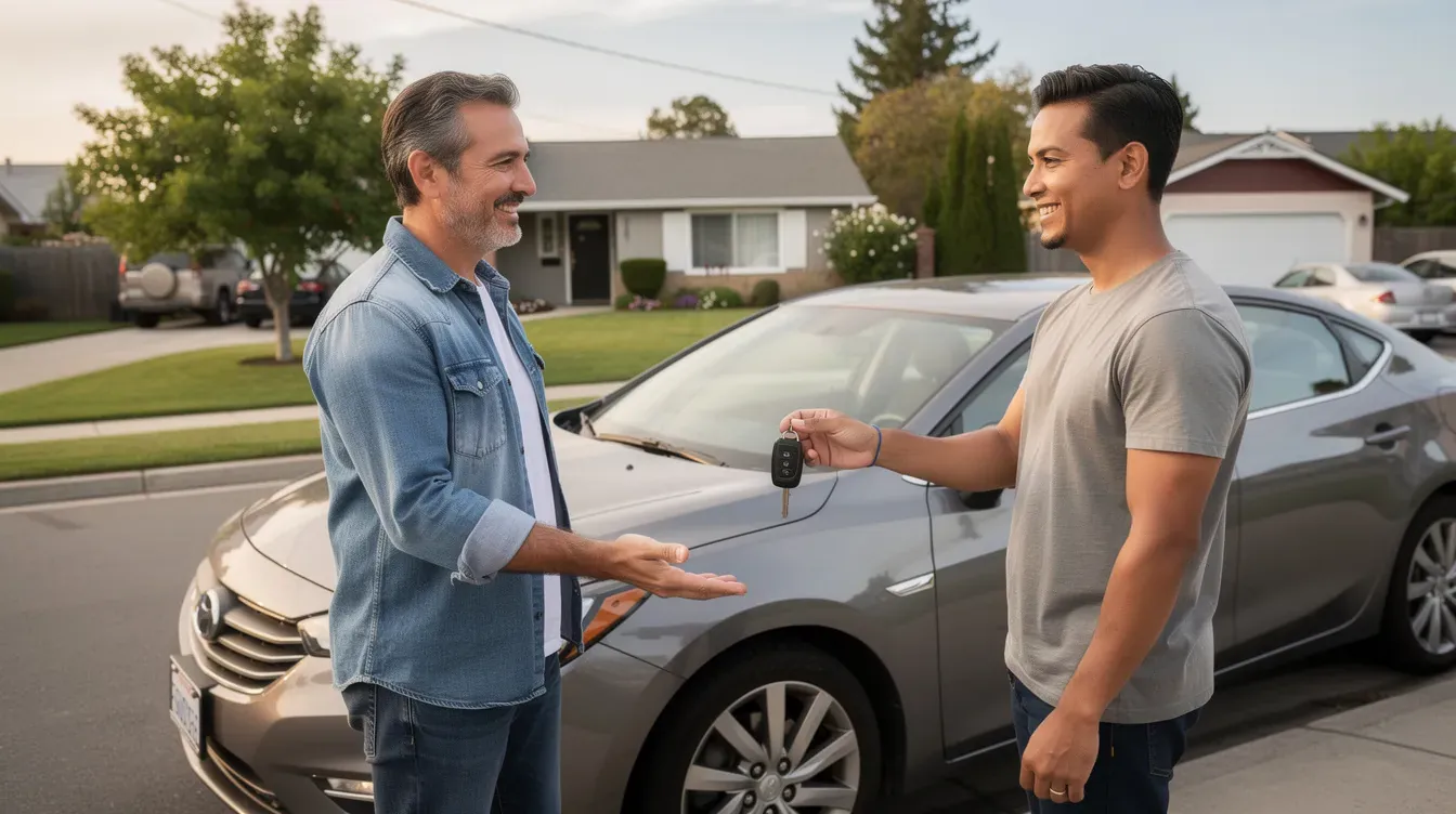 In a residential neighborhood, two people stand beside a parked car, with one person handing the keys to the other, symbolizing the act of borrowing a vehicle. This scenario highlights the importance of understanding car insurance options, such as non owner car insurance, especially for those who frequently borrow cars.