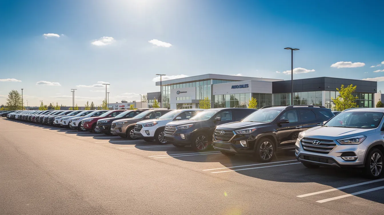 The image depicts a car dealership lot filled with various vehicles neatly arranged in rows under a clear blue sky. This vibrant scene showcases a range of cars available for purchase, highlighting options for potential buyers seeking car insurance and coverage for their new vehicles.