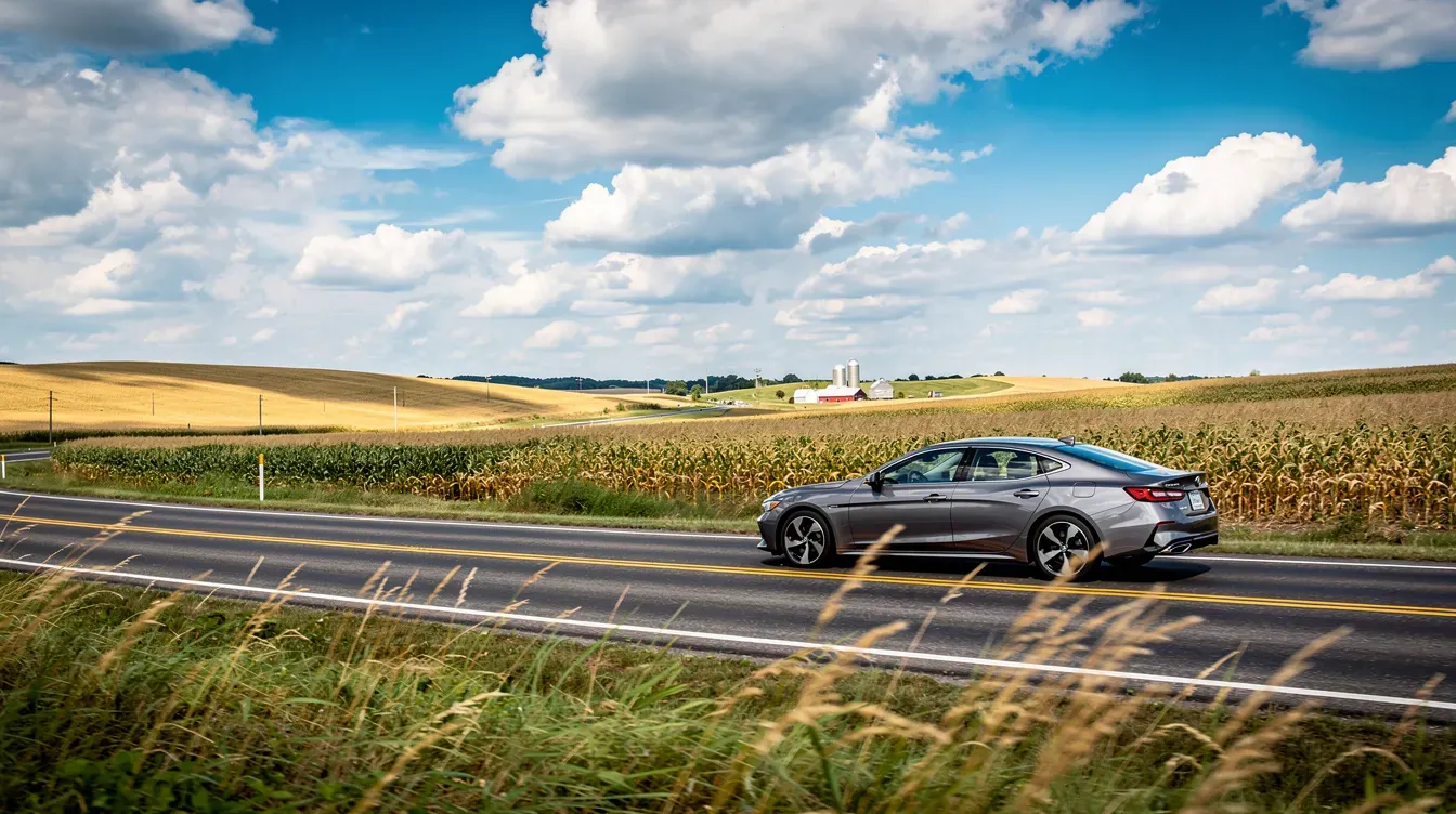 Illustration of a car on an Iowa-style rural road