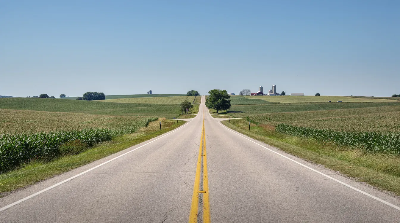AI-generated illustration of a rural two-lane highway bordered by green farmland.
