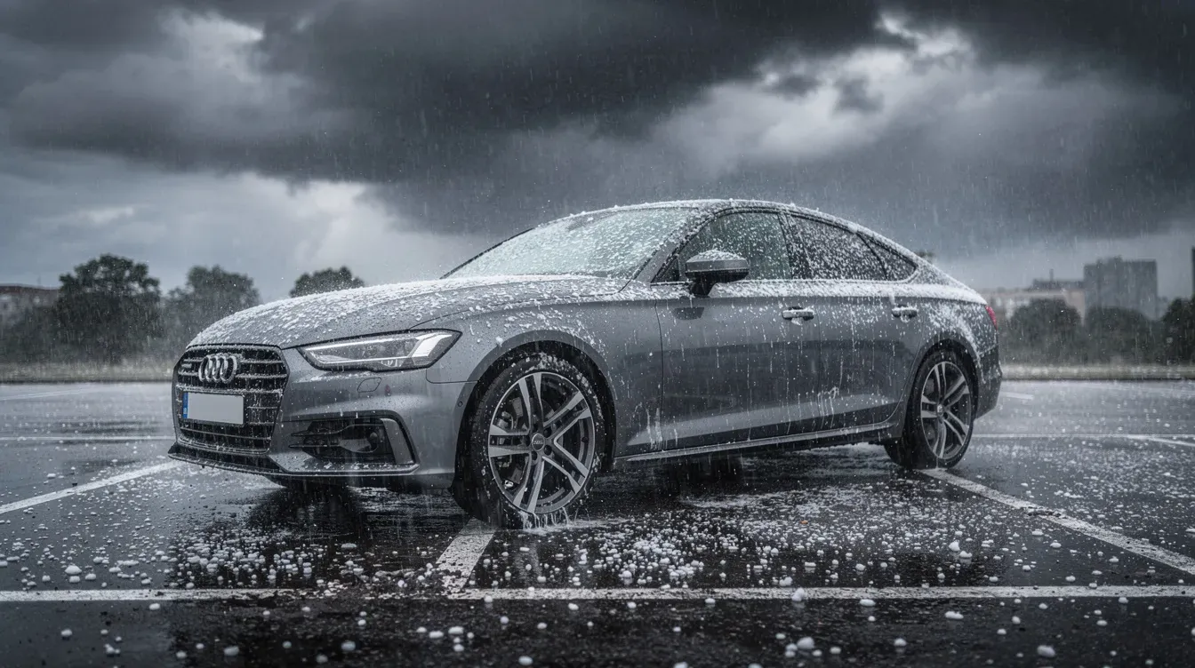 AI-generated illustration of a parked car beneath dark storm clouds during hail.