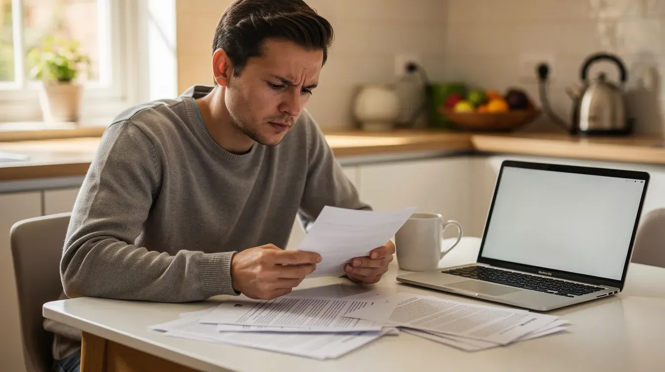AI-generated illustration of a person reviewing insurance documents beside a laptop.
