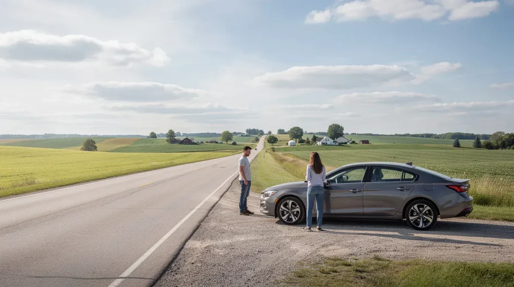 Illustration of travelers beside a car on a rural road