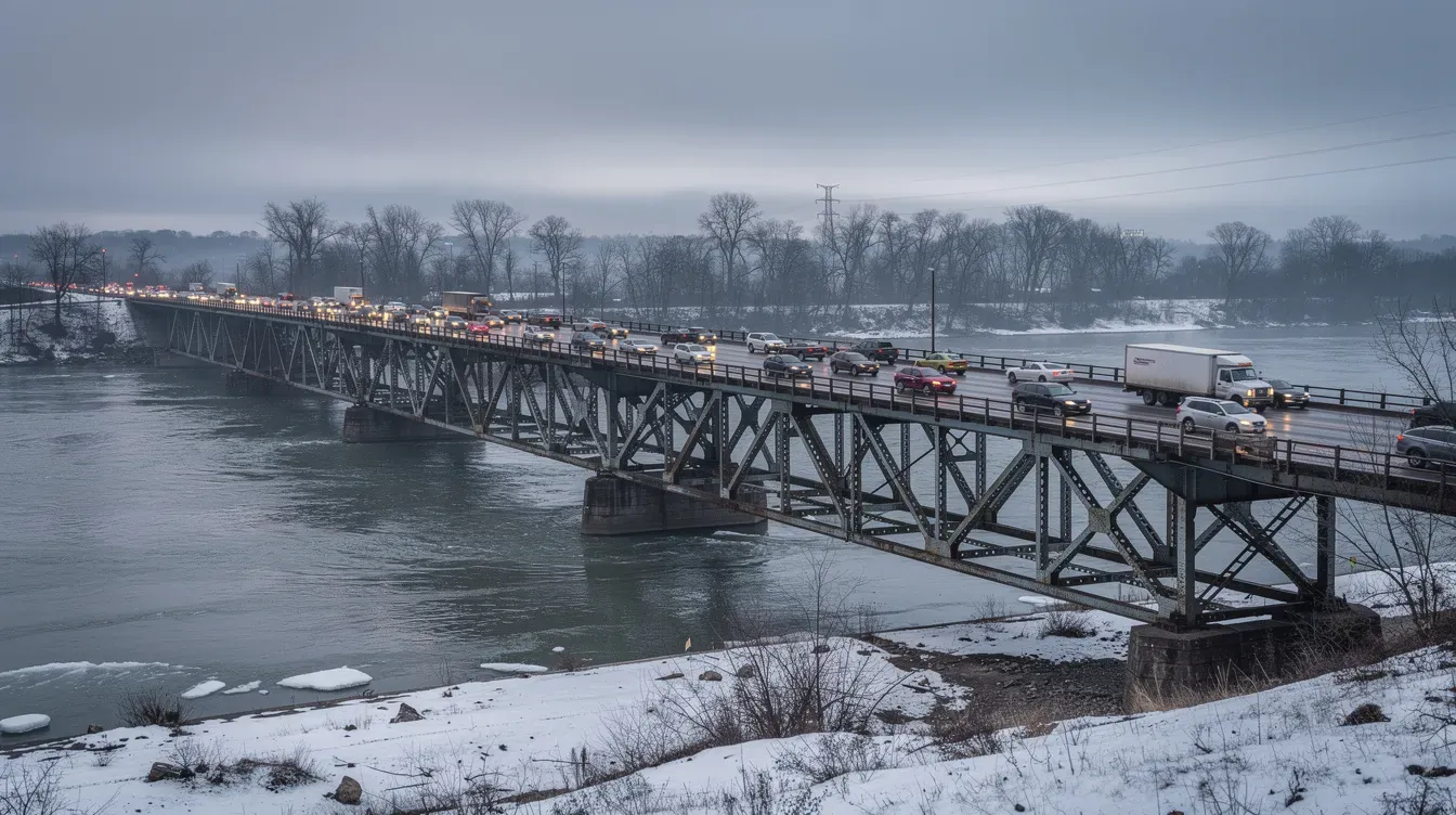 Illustration of winter traffic on a river bridge