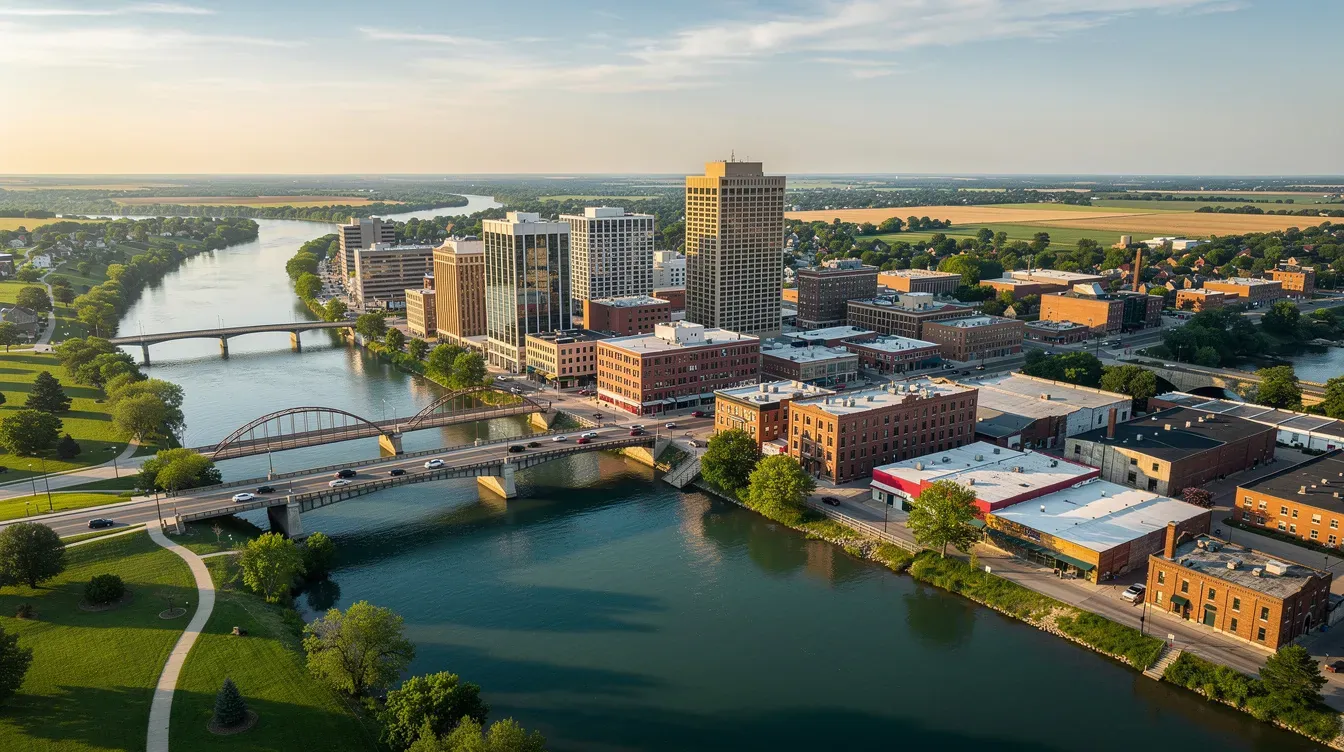 Illustration of a fictional riverfront city