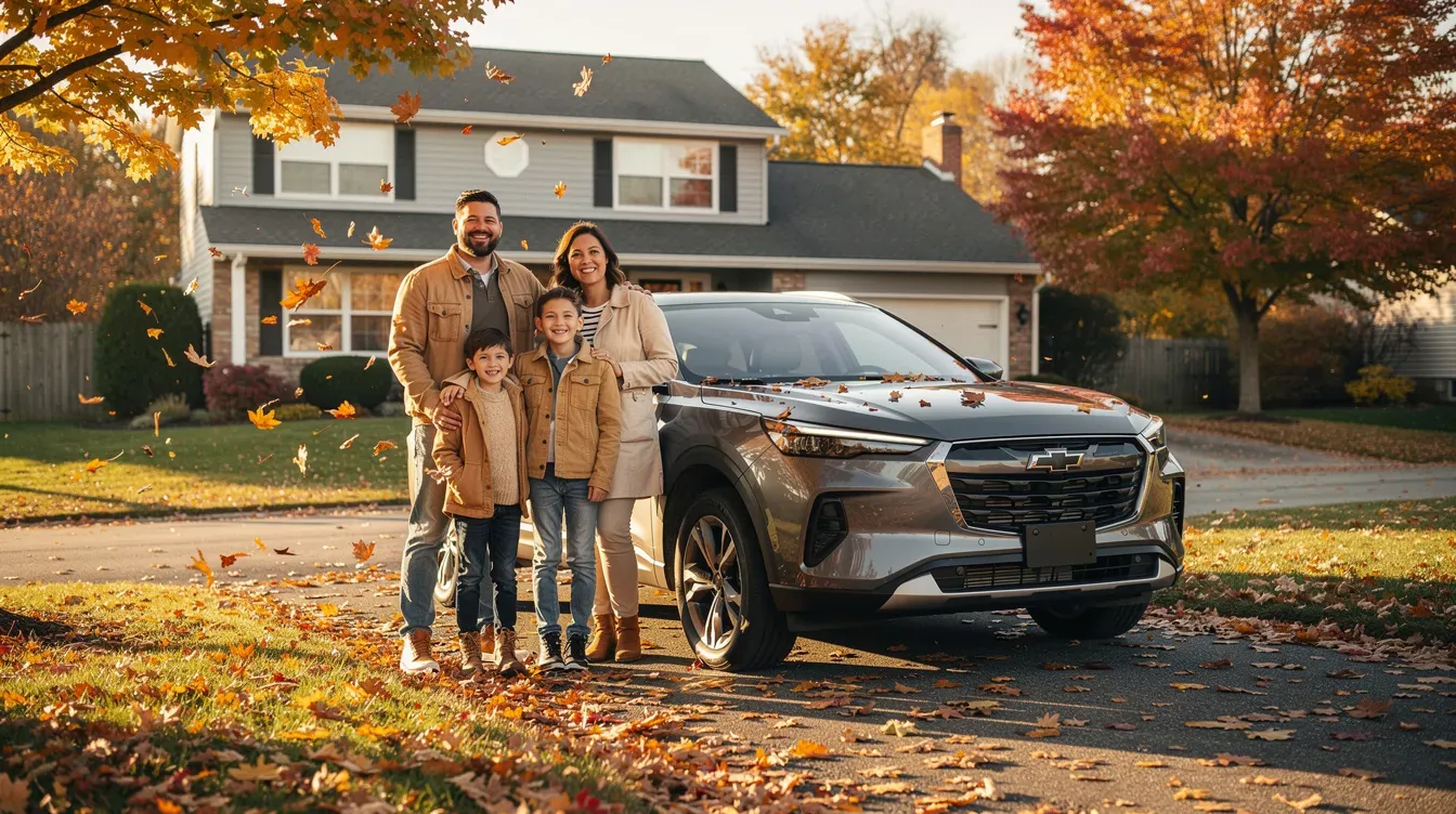 Illustration of a household beside a parked car