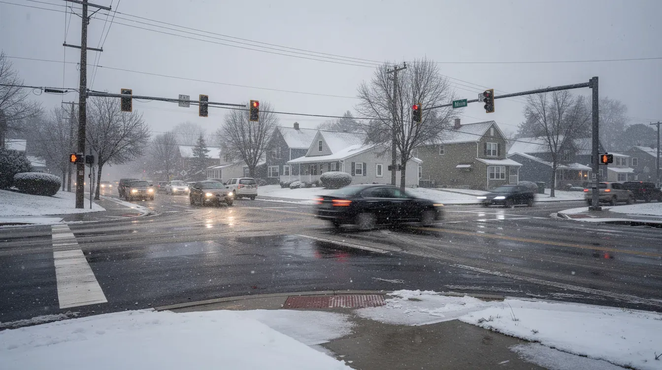 Illustration of cars at a snowy suburban intersection